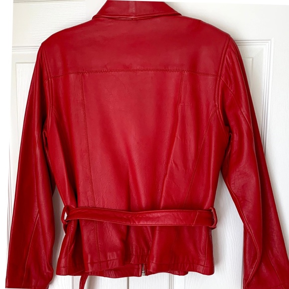 KENNETH COLE Ruby Red 100% Leather Belted Jacket L/M - Picture 5 of 10